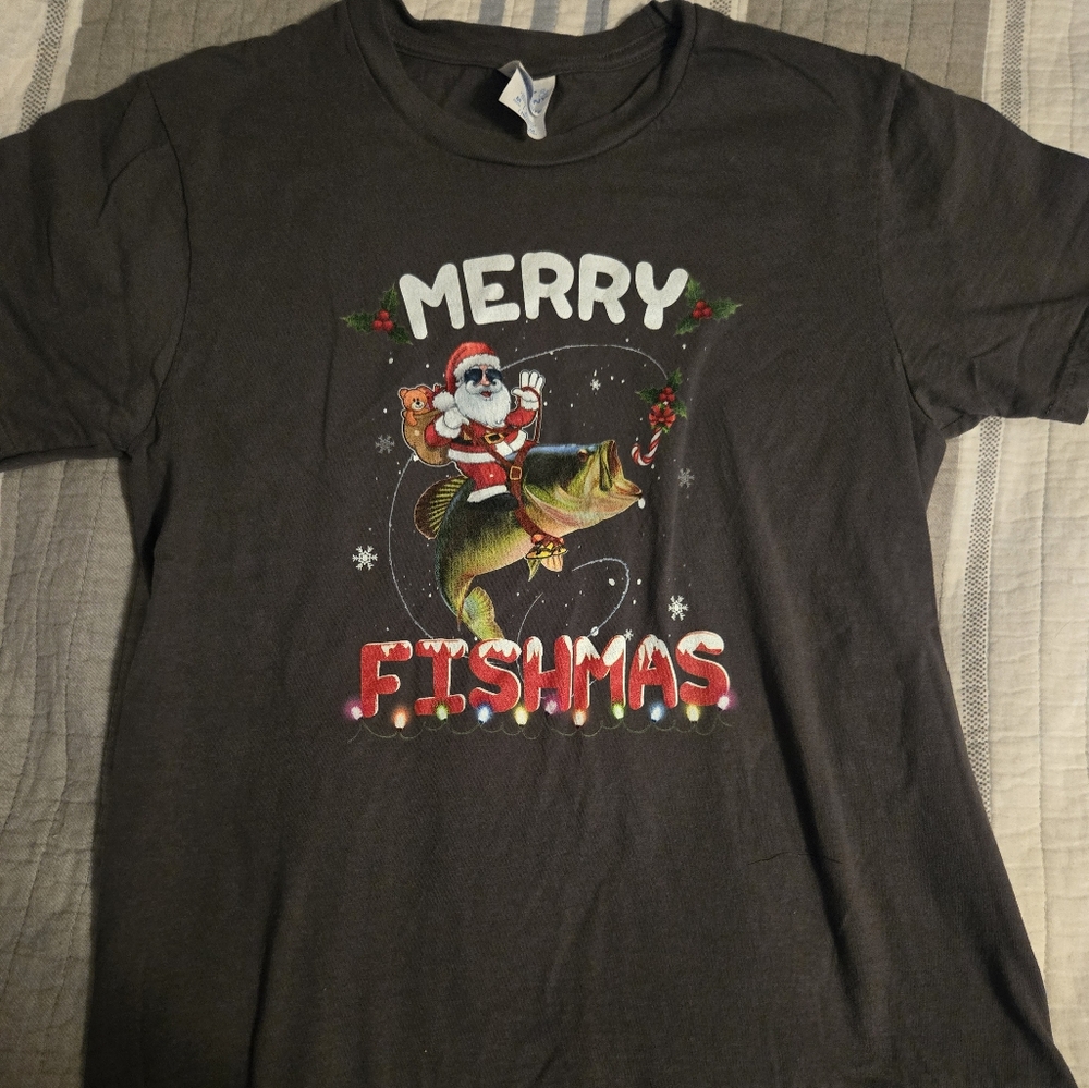Merry Fishmas youth medium short-sleev shirt. Grey. Port & Company.